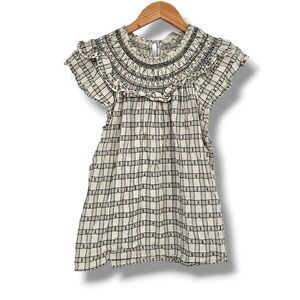Loft Womens Plaid Smocked Ruffle Neck Top Black White Cotton Blouse Size M
